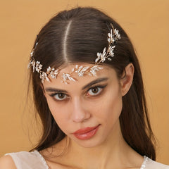 Bridal Crystal Faux Pearl Headband Tiara Golden Leaf Rhinestone Hairband