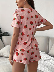 Strawberry Print Lounge Set Short Sleeve Crew Neck Top & Shorts