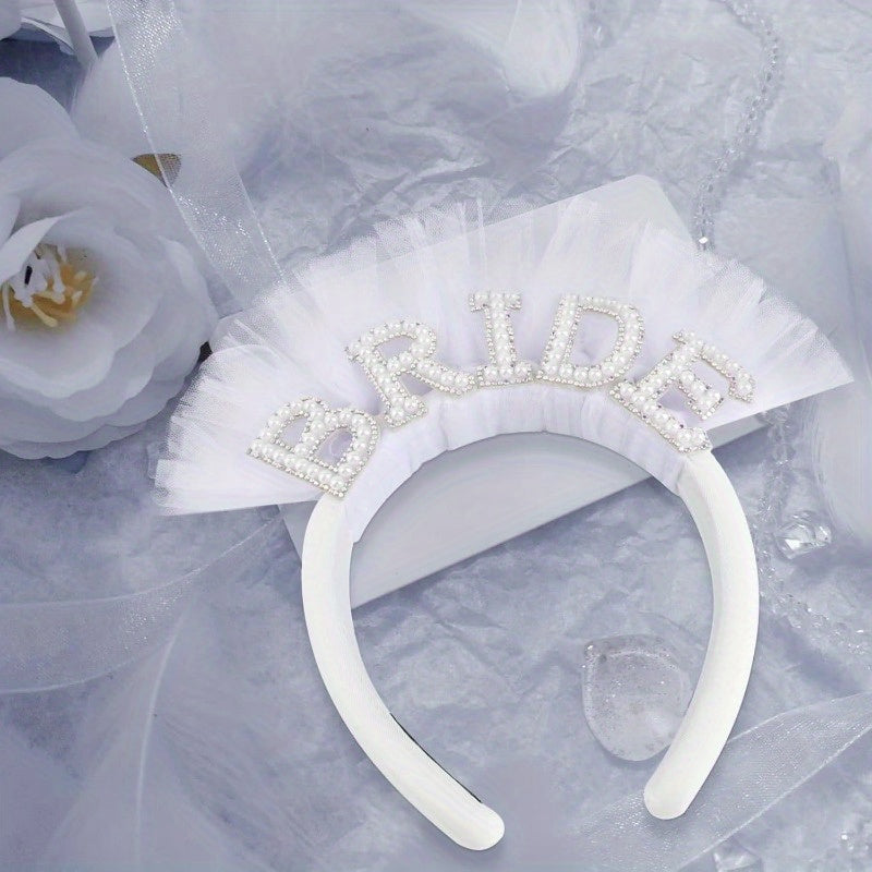 Bride Pearl Headband Tulle Bridal Hair Accessory with BRIDE Embellishment