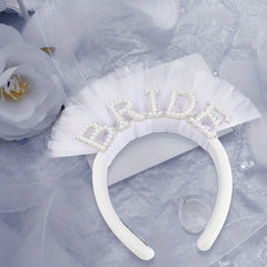 Bride Pearl Headband Tulle Bridal Hair Accessory with BRIDE Embellishment