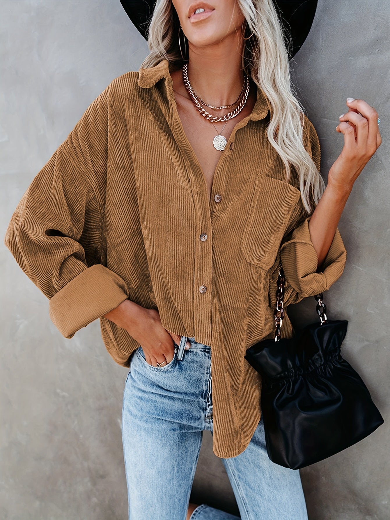 Solid Corduroy Button Up Long Sleeve Collar Shirt