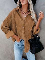 Solid Corduroy Button Up Long Sleeve Collar Shirt