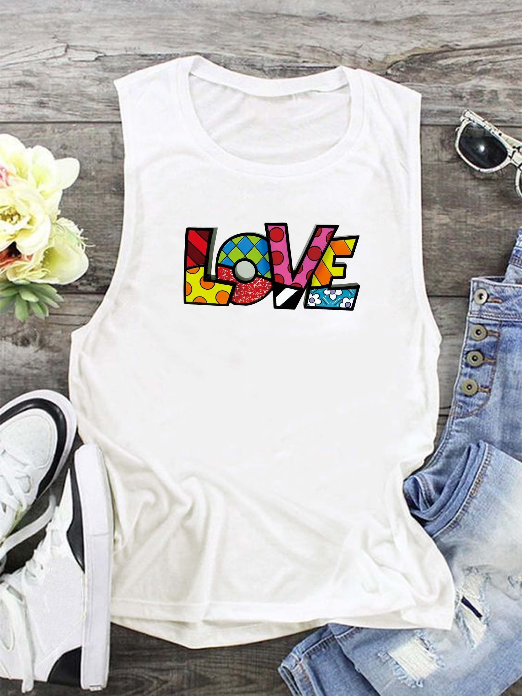 Colorful Letter Print Crew Neck Tank Top for Summer
