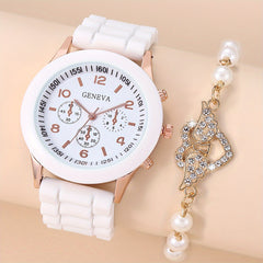 Student Silicone Quartz Watch & Bead Bracelet Set