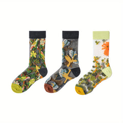 3 Pairs Floral Print Socks Women's Stockings & Hosiery