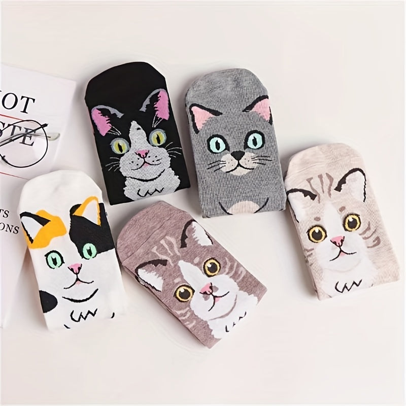 5 Pairs Cartoon Cat Print Socks Women's Stockings & Hosiery