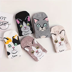 5 Pairs Cartoon Cat Print Socks Women's Stockings & Hosiery