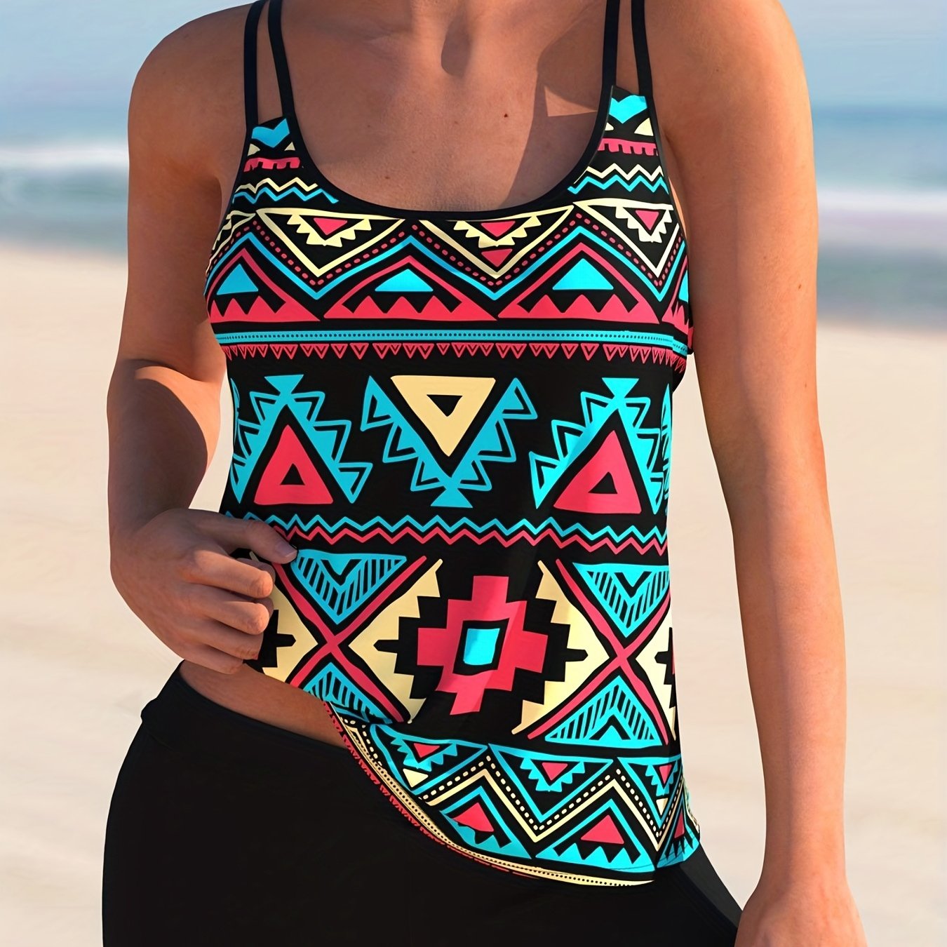 Geo Print Round Neck Cami Top & Shorts Swimsuit Set