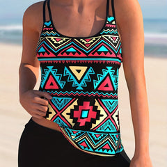 Geo Print Round Neck Cami Top & Shorts Swimsuit Set