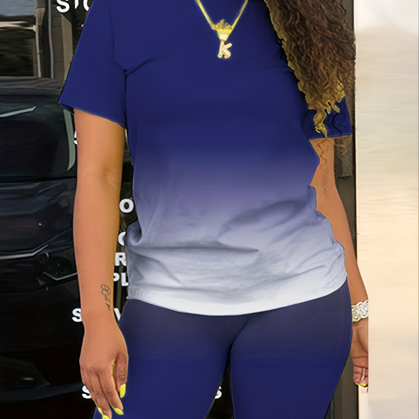 Ombre Print Short Sleeve Tops & Biker Shorts Set