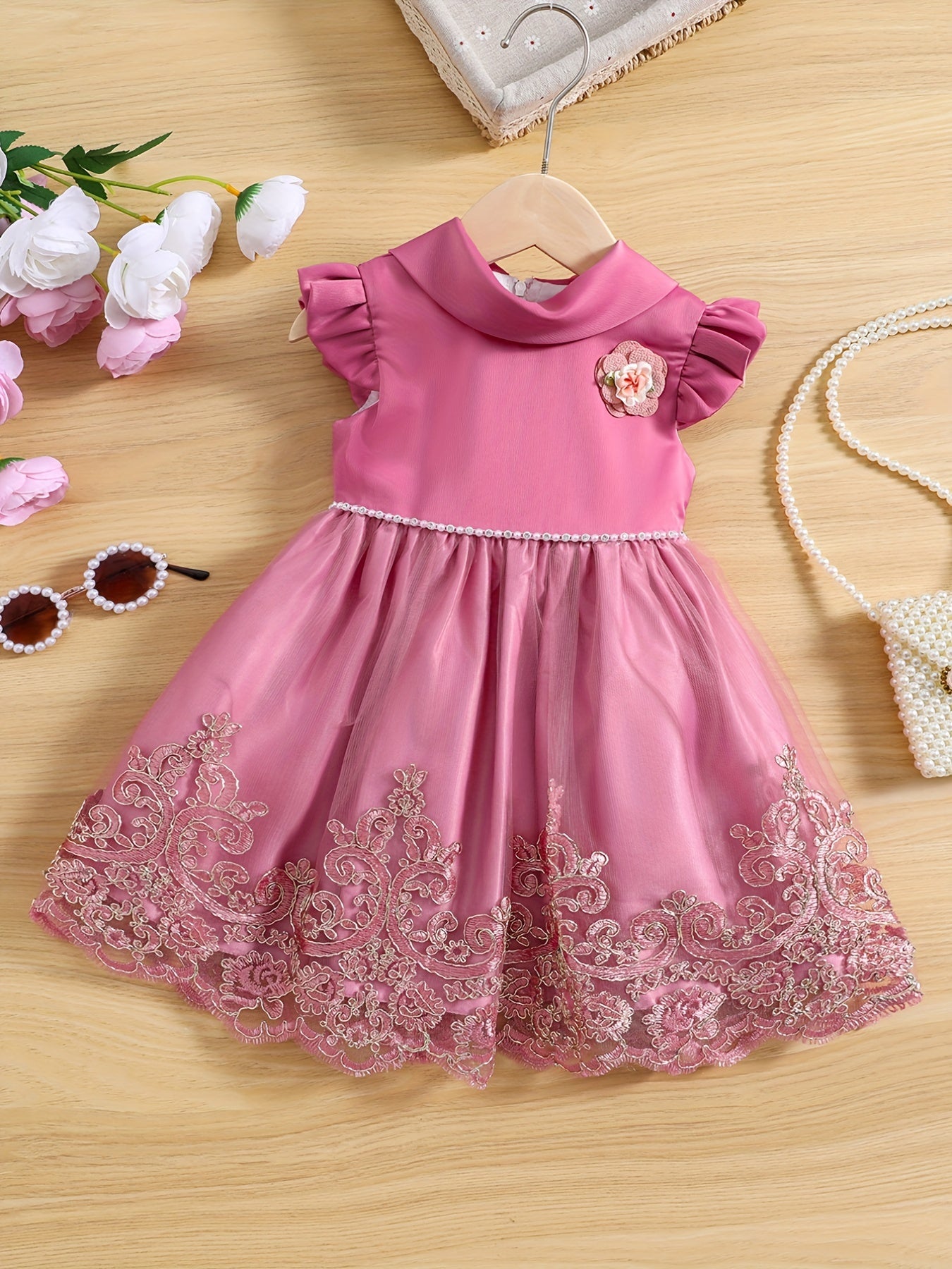 Baby Girl's Puffy Mesh Dress With Flower Princess Dress