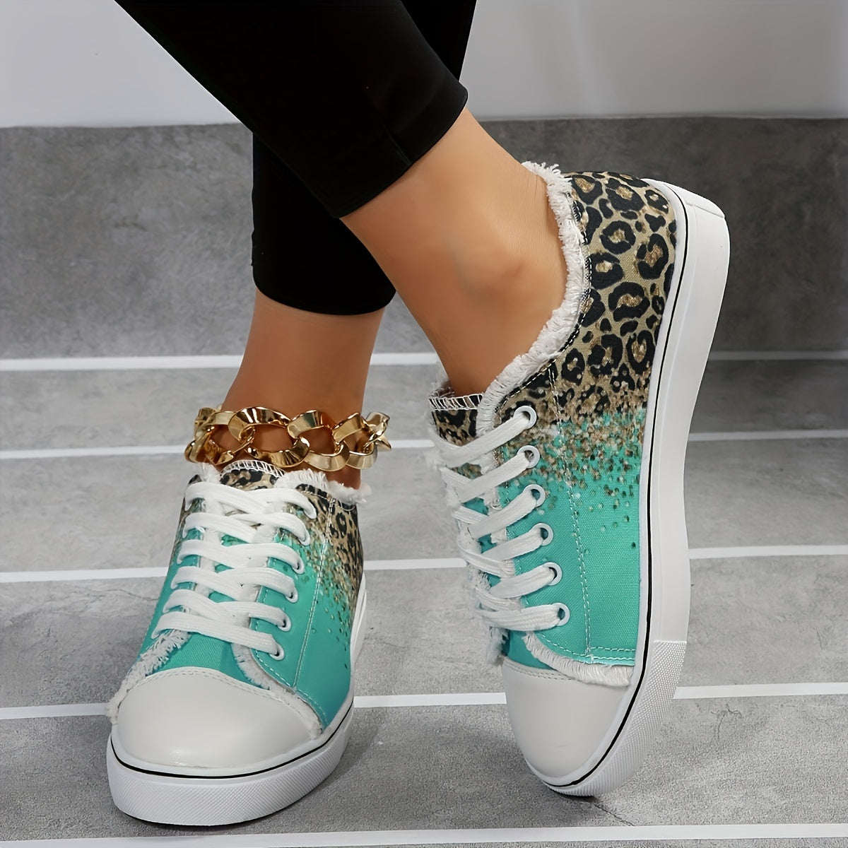 Leopard Print Canvas Shoes with Glitter Sequins Lace Up Lightweight Sneakers