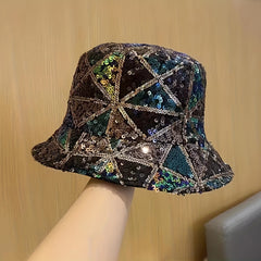 Sequin Y2K Bucket Hat Hip Hop Sparkly Sun Hat Plaid Block Fisherman Cap