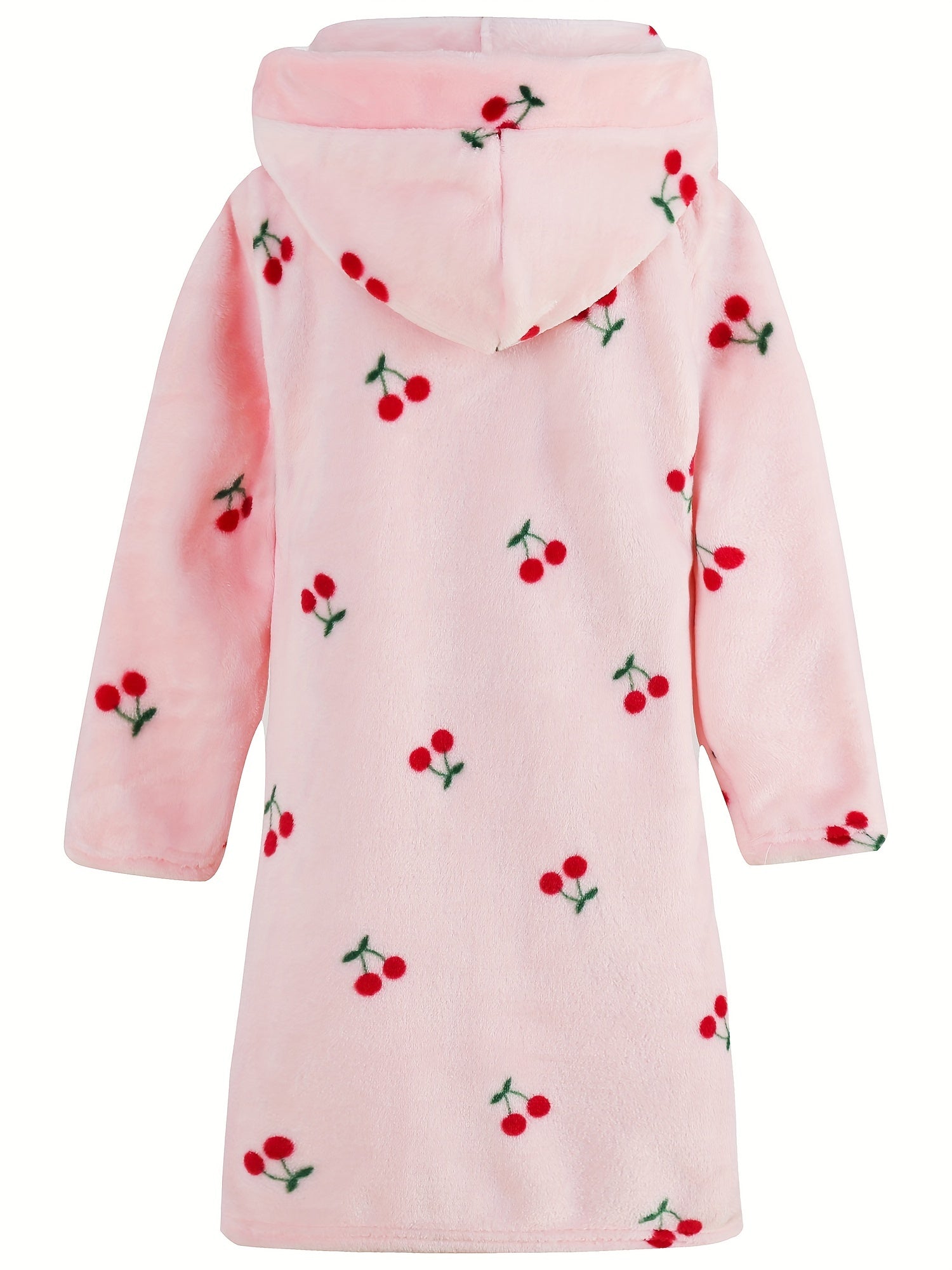 Girls Hooded Bathrobe Strawberry Pattern Flannel Soft Warm Pockets Belt Robe