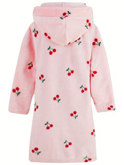 Girls Hooded Bathrobe Strawberry Pattern Flannel Soft Warm Pockets Belt Robe