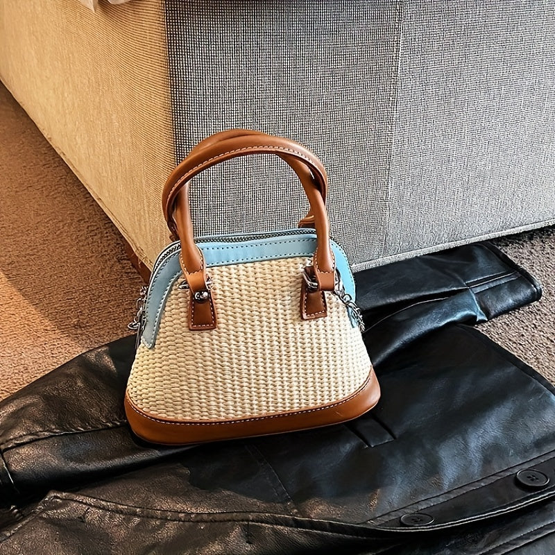 Colorblock Straw Satchel Bag Zipper Shoulder Chain Handbag