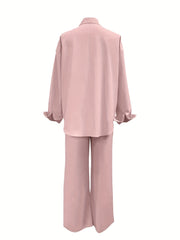 Button Front Long Sleeve Shirt & Drawstring Wide Leg Set