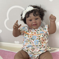 Adorable 24" Reborn Doll Smiling Face Dark Brown Skin Hand Rooted Hair