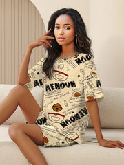 Letter Print Pajamas Set Short Sleeve Crew Neck Top & Lounge Shorts