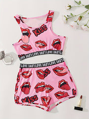Lips Print Pajama Set Crew Neck Tank Top & Shorts