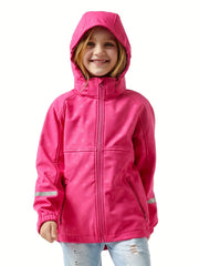 Girl's Soft Shell Hooded Jacket - Windproof & Waterproof Zip Up Fleece