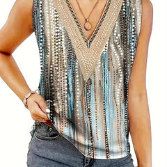 Boho Tank Top Women's Plus Random Print V Neck High Stretch Tank Top