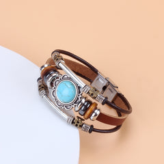 Green Turquoise Beaded Leather Bracelet Stainless Steel Buckle