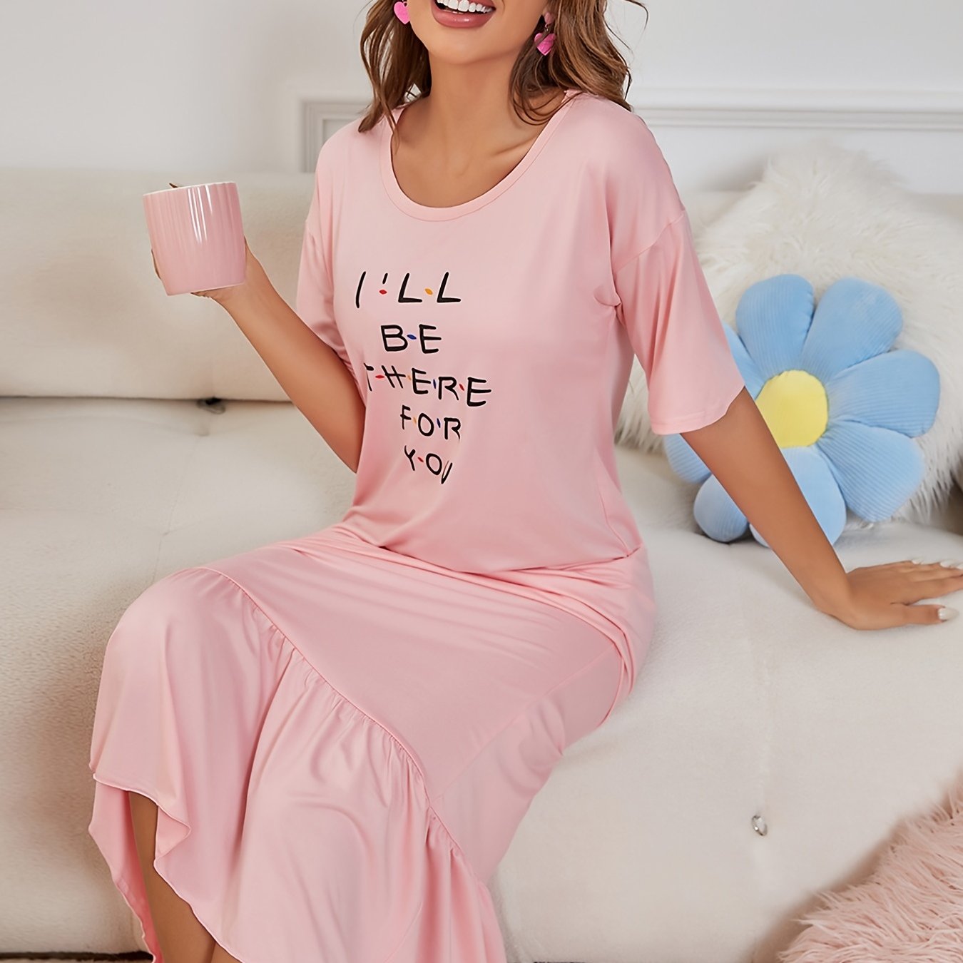 Ruffle NightDress Short Sleeve Pajama Dress Women's Sleepwear