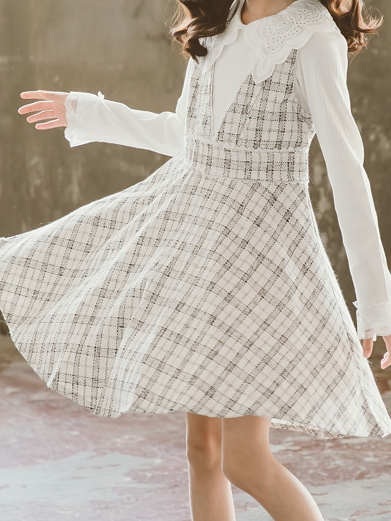 Girls Lace Trim LS Shirt & Plaid V neck Skirt Overall Dress Set