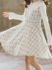 Girls Lace Trim LS Shirt & Plaid V neck Skirt Overall Dress Set