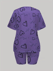 Heart & Letter Print Pajama Set Tee & Shorts 2 Piece Set
