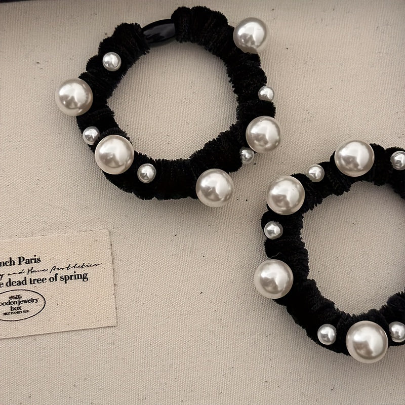 Pearl Decors Elastic Scrunchies Velvet Ponytail Holders
