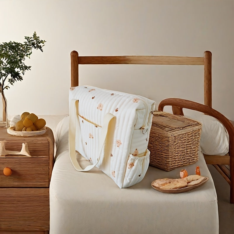 Beige Bear Paw Print Parent Bag Quilted Polyester Handbag & Shoulder Bag