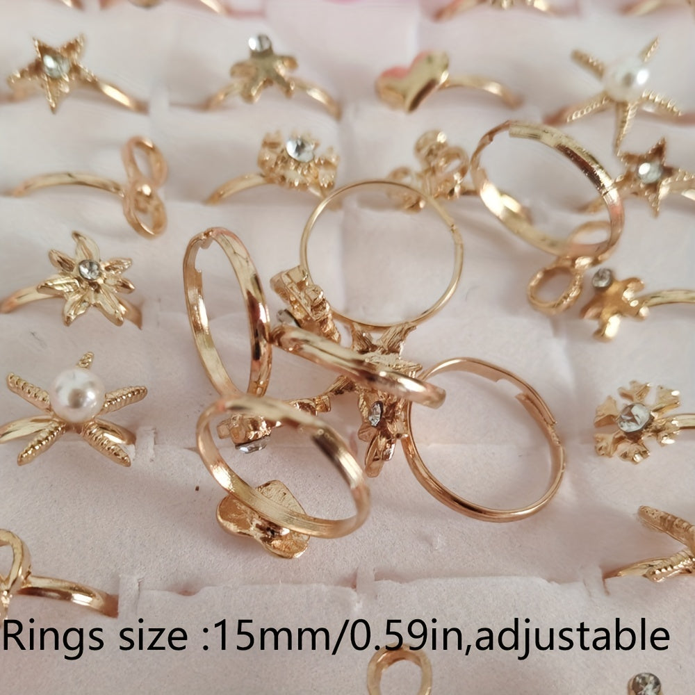 5pcs Kids Bow Heart Adjustable Alloy Golden Hollow Out Ring