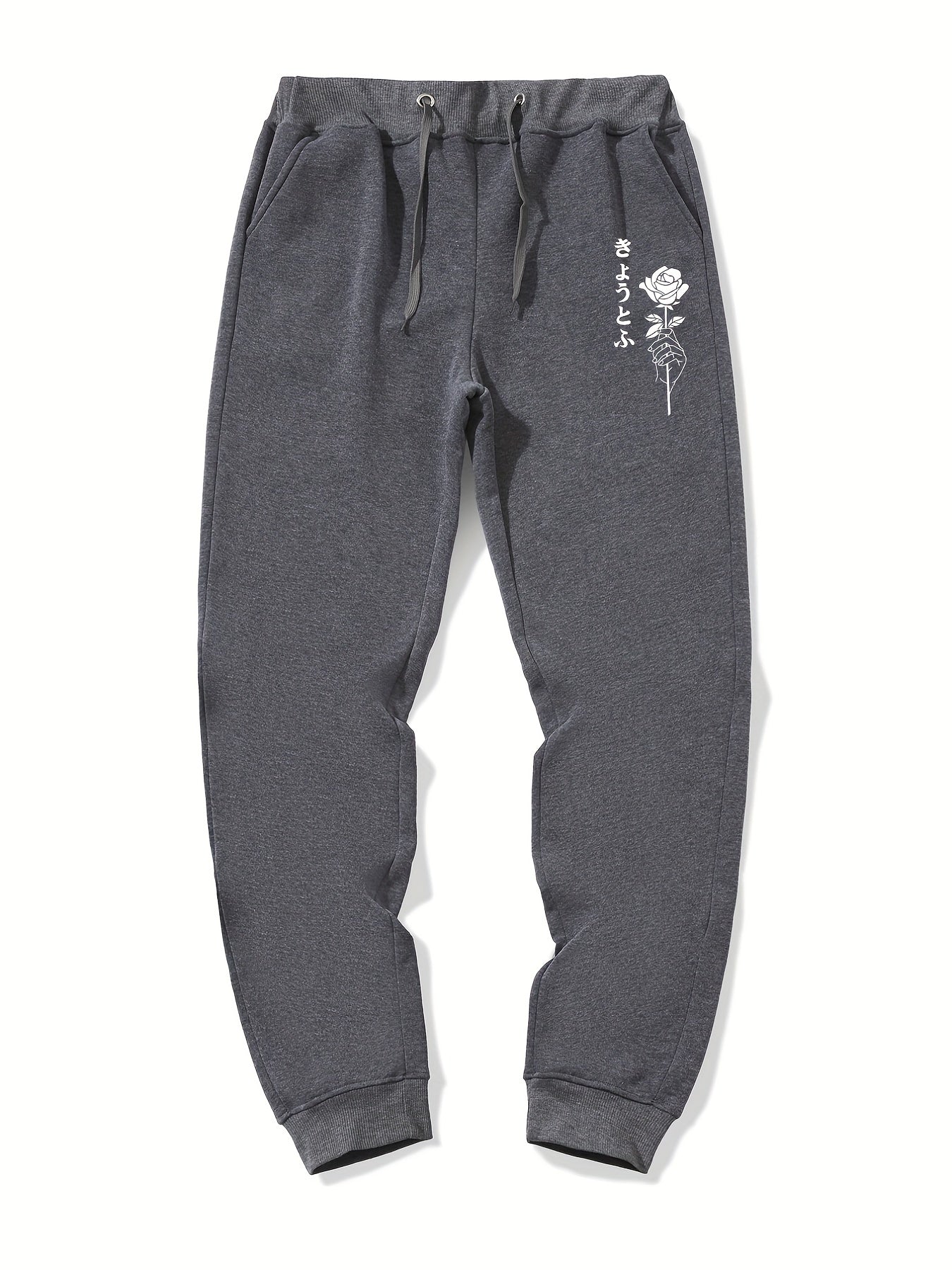 Rose & Kanji Print Men's Sweatpants with Pockets