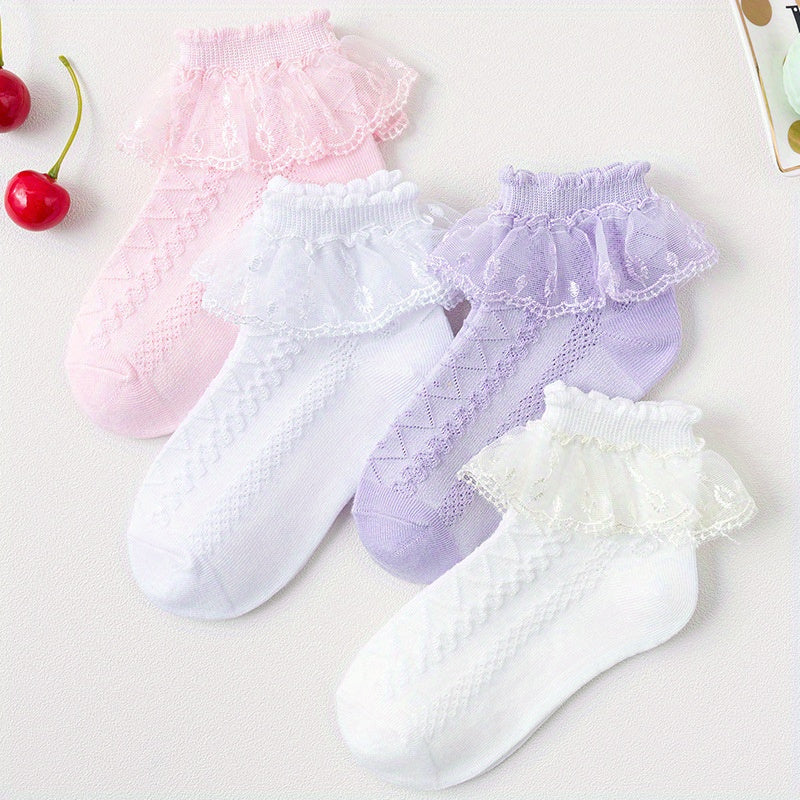 4 Pairs Lace Ruffled Knit Socks Soft Comfortable Breathable Cotton