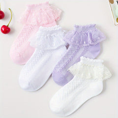 4 Pairs Lace Ruffled Knit Socks Soft Comfortable Breathable Cotton