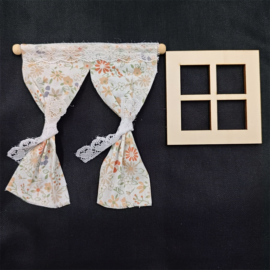 Dollhouse Daisy Curtain Decor Mixed Floral and Gingham Patterns Tiny Scene DIY