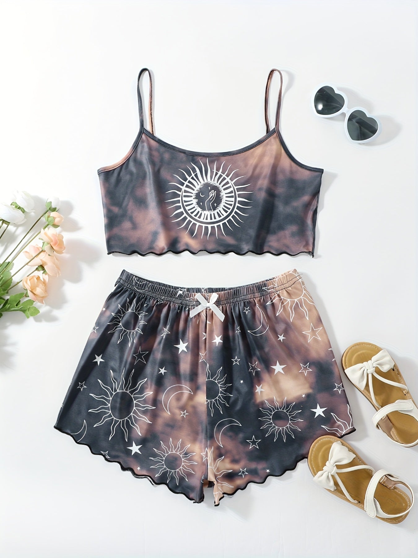 Sun & Moon Print Ruffle Trim Pajama Set