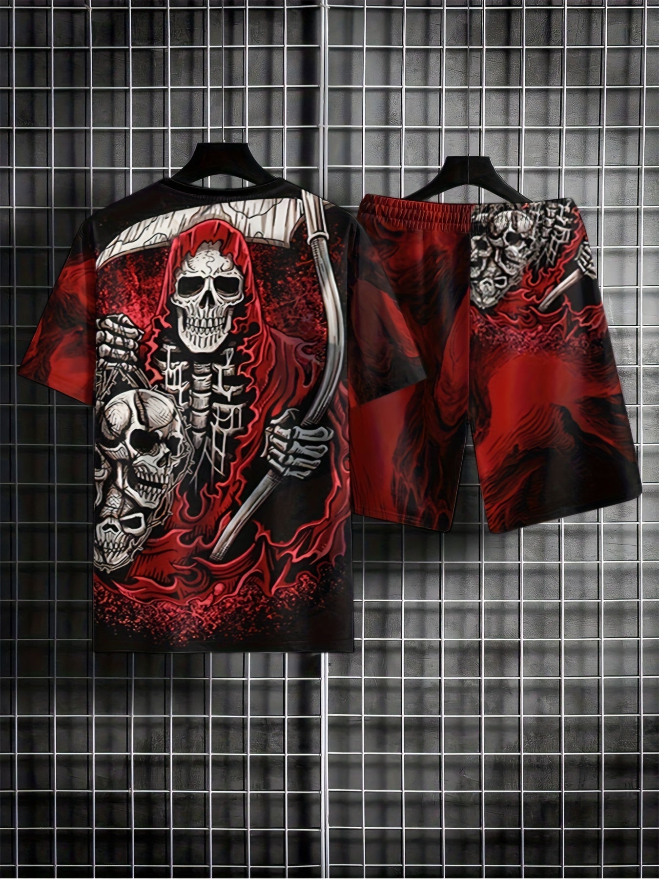 Skull Skeleton 3D Pattern Men's 2 Piece Outfits T-shirt & Shorts Set