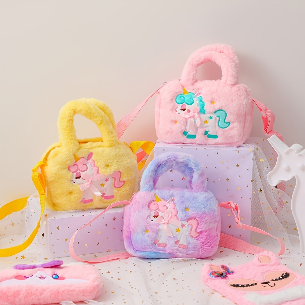 Girls Unicorn Embroidery Plush Handbag Shoulder Bag Messenger Bag