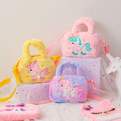 Girls Unicorn Embroidery Plush Handbag Shoulder Bag Messenger Bag