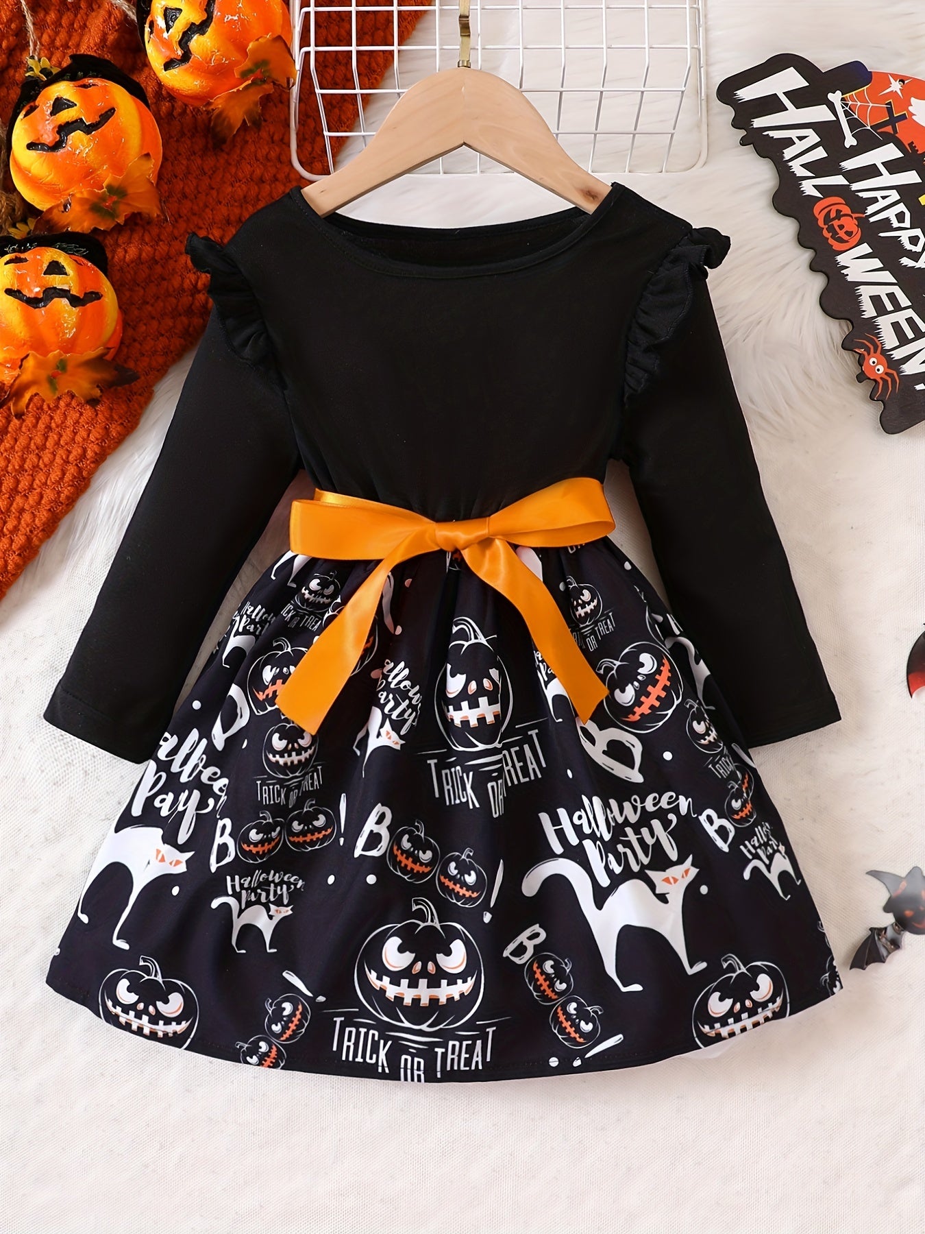 Girls' Cute Pumpkin Halloween Dress Long Sleeve Tee Dress