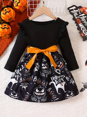 Girls' Cute Pumpkin Halloween Dress Long Sleeve Tee Dress
