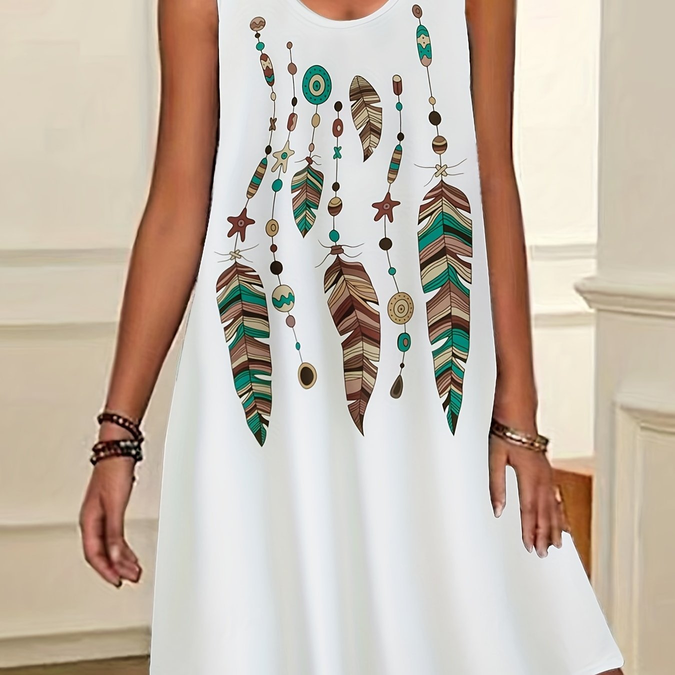 Casual Tank Dress Women's Plus Feather Print Round Neck Slight Stretch