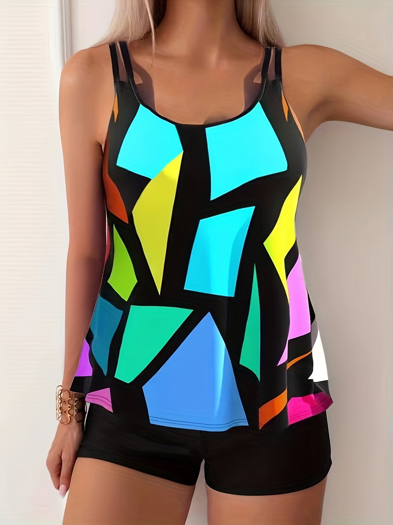 Geometric Pattern Tankini Set Multicolored Swimsuit Women's Swimwear