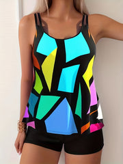 Geometric Pattern Tankini Set Multicolored Swimsuit Women's Swimwear
