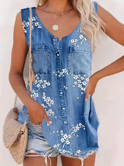 Flower Print Pocket Tank Top Sleeveless Button