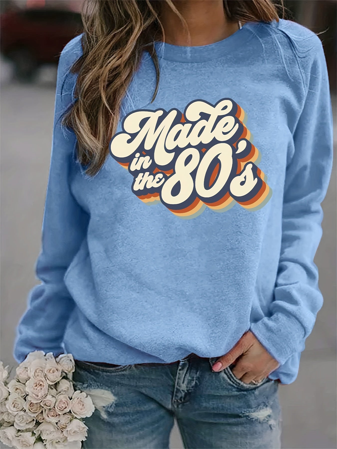 Vintage 80s Print Graphic Pullover Sweatshirt for Women