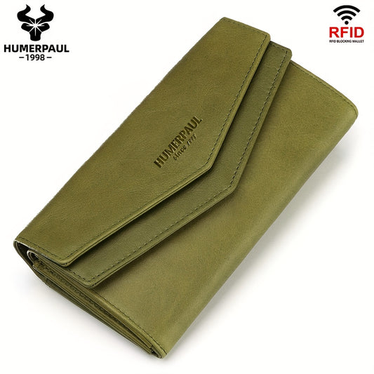 Women's Vintage Envelope Wallet Top Grain Leather Snap Closure Zip Pocket